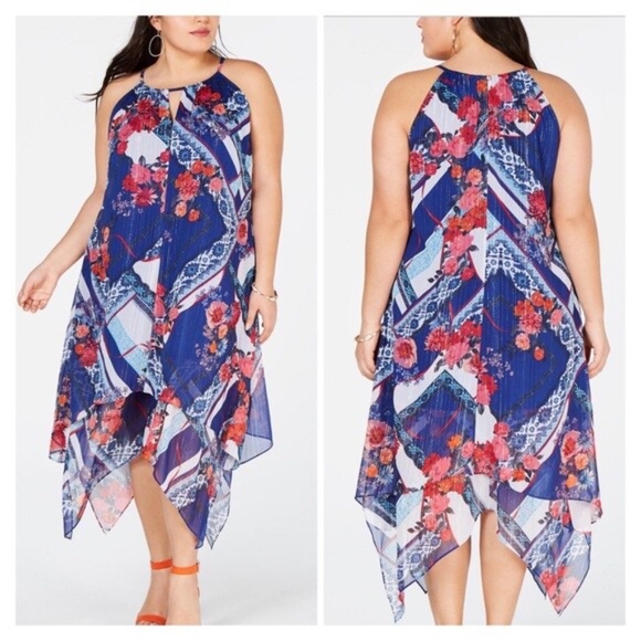 INC Women's Scarf Floral Print Metallic Halter Keyhole Midi Dress Plus Size 0X - Picture 1 of 15